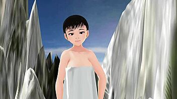 Anime girl tries mixed bath in secluded hot spring