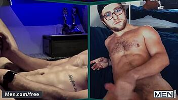 Six men connect on video call for group activity with toys