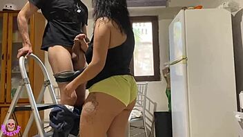 Naughty Wife Teases Technician with No Underwear On