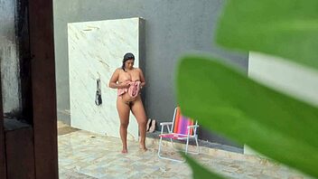 caught my hot neighbor showering in the backyard after a day at the beach