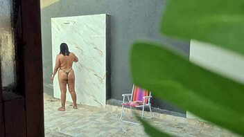 caught my hot neighbor showering in the backyard after a day at the beach