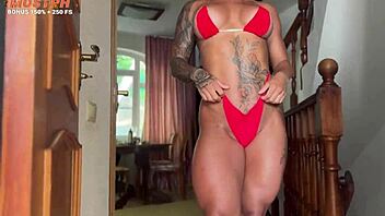 oily hottie in red bikini gets creamy load doggystyle