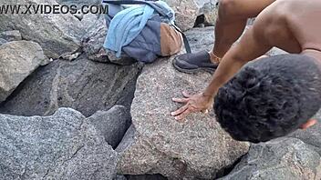 Bisexual orgy on the beach with cum-covered asses