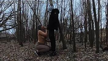 Homemade blowjob in the park with big tits exposed!