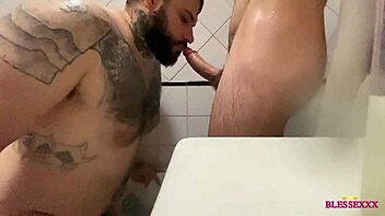 In the shower, I tricked my straight friend into sucking my big cock and getting a cumshot.