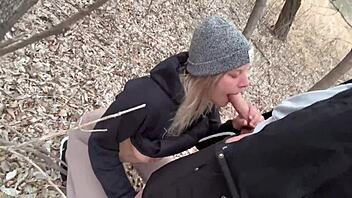 Homemade blowjob in the park with big tits exposed!