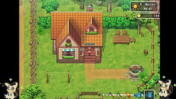 Did you see that? Spying on the blacksmith's big ass in the bathroom during our hentai game countryside life, part 4, and catching those huge tits!