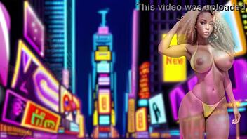 in this cartoon, the curvy character with huge ass and big tits wears a sexy outfit that drives men wild