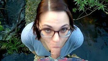 teen 18+ babe gives daring blowjob during a public walk in the forest