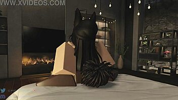 This is a POV video of a rough and hardcore sex in a cartoon-style bedroom