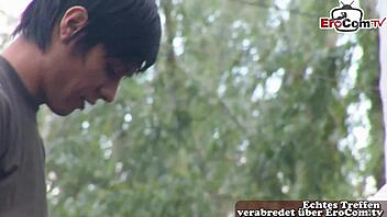 Skinny military German teen 18+ drills student anal in the forest.