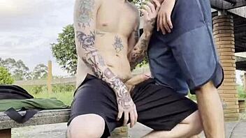 Hardcore outdoor pounding in public square with daring young guys ignoring passersby.