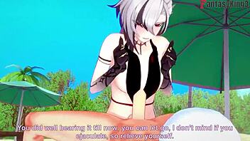 arlecchino bikini action on beach in genshin impact fantasy