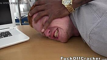 Redhead guy at work gets tempted by cash to pleasure that monster black dick!