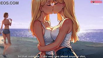 3D animated public beach scene with teen futa and stepsis