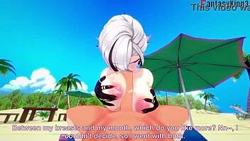 arlecchino bikini action on beach in genshin impact fantasy