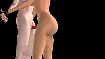two cute girls in 3d cartoon licking pussy and strapon fucking standing