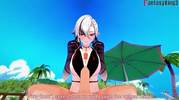 arlecchino bikini action on beach in genshin impact fantasy