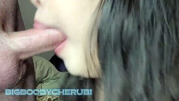 She sucks white cock and gives a handjob that ends with a titty cumshot