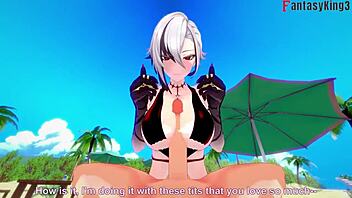 arlecchino bikini action on beach in genshin impact fantasy