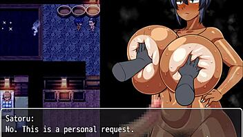 tanned natsuki gives handjob to married man in bathroom hentai game ep 37