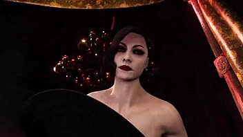 in resident evil 8, alcina dimitrescu, the busty milf, encounters ethan winter in a snowy monster-filled game world.