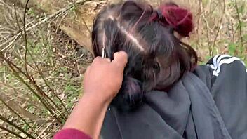 Emo slut with tattoos gets bent over and fucked on a tree stump in public woods