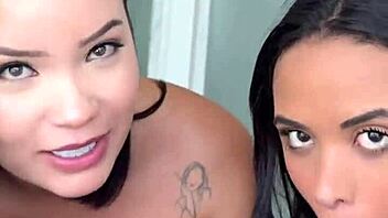 Asian hottie brings friend for first outdoor ménage cumshot