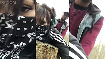 Emo slut with tattoos gets bent over and fucked on a tree stump in public woods