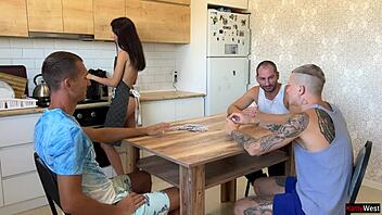 Cuckold shares wife, friends BANG her HARD on kitchen table GANGbang!