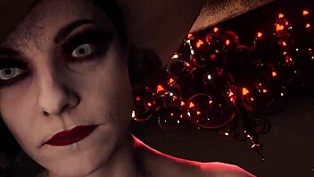 in resident evil 8, alcina dimitrescu, the busty milf, encounters ethan winter in a snowy monster-filled game world.