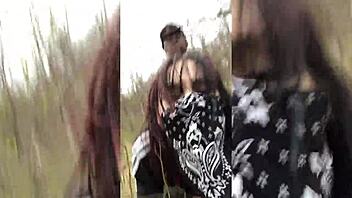 Emo slut with tattoos gets bent over and fucked on a tree stump in public woods