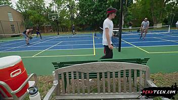 sneaky sex during a tennis match turns wild. pervteen 18+ brunette squirts under her skirt.