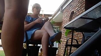 Stepmom flashes upskirt while I’m dildo banging her tight shaved pussy.
