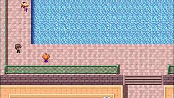 Massaging friend's big tits in school pool