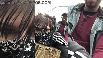 Emo slut with tattoos gets bent over and fucked on a tree stump in public woods