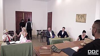 After court, Aisha and Helena Valentine indulge in a glamorous double penetration orgy with Europeans.