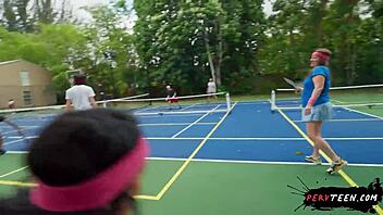 sneaky sex during a tennis match turns wild. pervteen 18+ brunette squirts under her skirt.