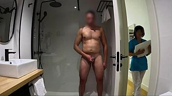 Caught jerking off by the bathroom cleaning lady