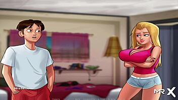 In Summertime Saga, the milf babe shows off her tits in episode 64