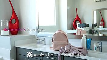 Scandalous brunette friend fucks roommate's big cock hard