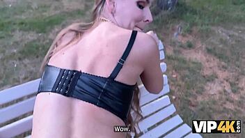 Vip4k enticing encounter in the garden with debtor in leather lingerie