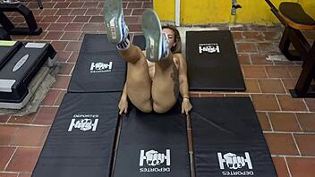 Blonde Colombian milf guides you through naked workout session at the gym with joi instructions.