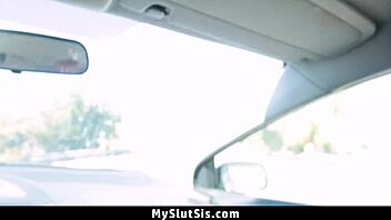 Skinny stepsister sucks stepbro's cock in car