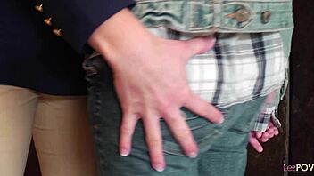 Lesbian brunettes lick clits and finger in horse stable