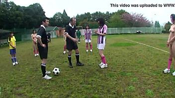 asian girls play naked football outdoors in wild game