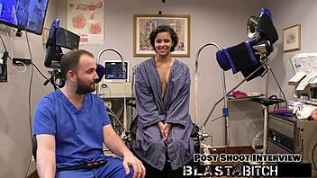 Doctor in latex gloves fucks patient Rebel Wyatt's pussy backstage, close up on tits and cum blast