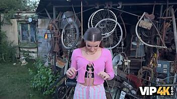 Vip4k enticing encounter in the garden with debtor in leather lingerie