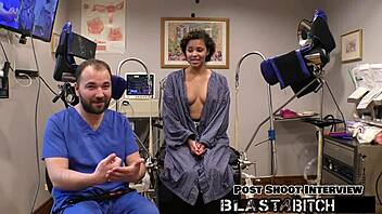 Doctor in latex gloves fucks patient Rebel Wyatt's pussy backstage, close up on tits and cum blast