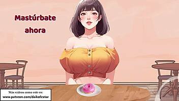 Futanari girl enjoys a solo pleasure experience in a coffee shop in this Spanish animated hentai